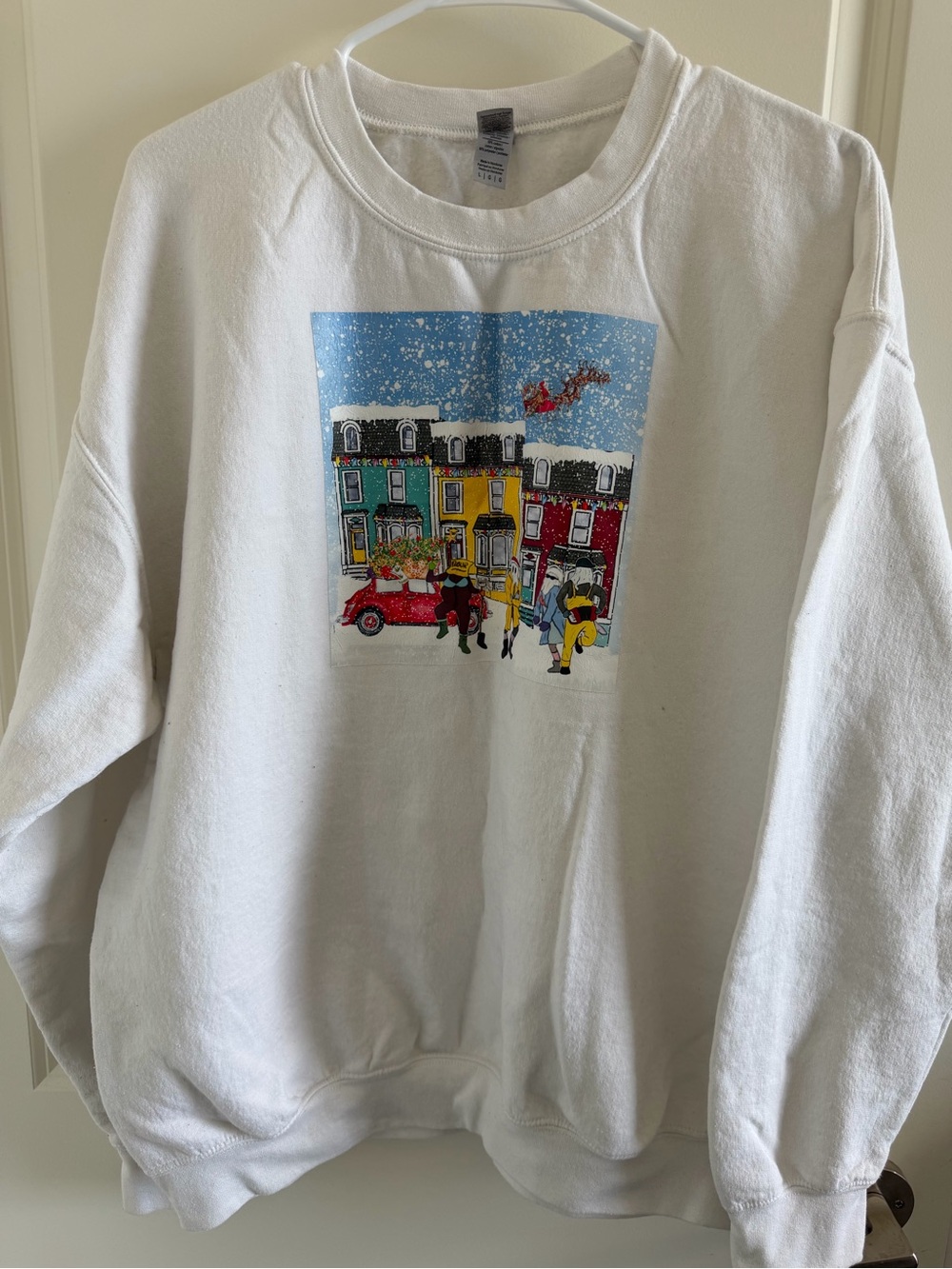🥭2 for $9 Gildan White Crewneck Sweatshirt with Colorful Holiday Street Graphic